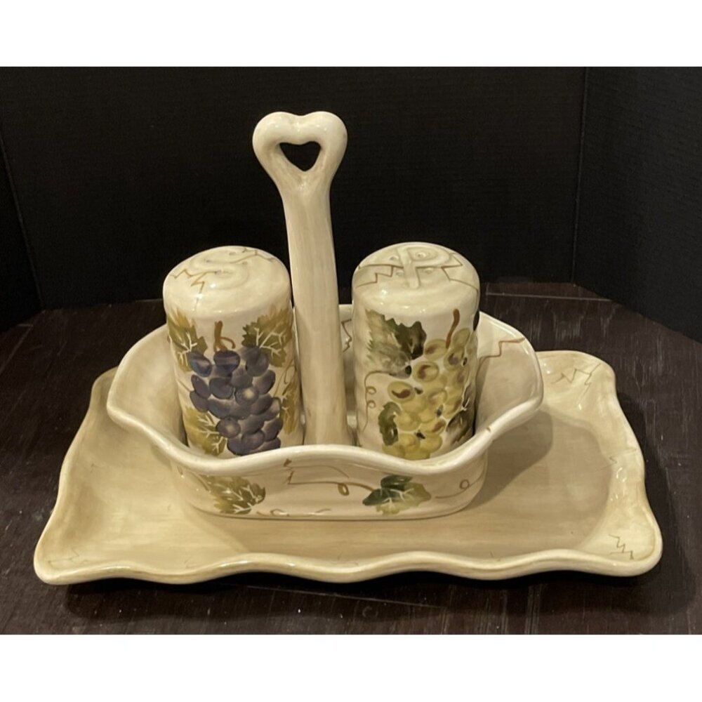 Tabletops Unlimited Cabernet Salt‎ Pepper Set Caddy Underplate Grapes